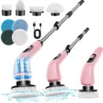 Fader Electric Spin Scrubber, New Cordless Shower Scrubber with 8 Replaceable Brush Heads and Adjustable Extension Handle, Power Cleaning Brush for Bathroom, Kitchen, Car, Tile, Wall, Floor-Pink