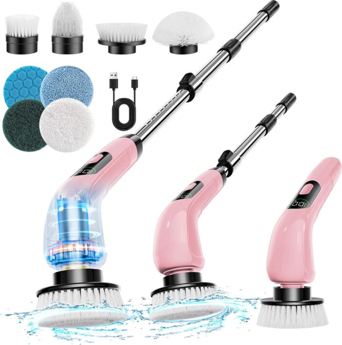 Fader Electric Spin Scrubber, New Cordless Shower Scrubber with 8 Replaceable Brush Heads and Adjustable Extension Handle, Power Cleaning Brush for Bathroom, Kitchen, Car, Tile, Wall, Floor-Pink