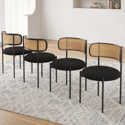 Farini Modern Upholstered Dining Chairs Set of 4,Rattan Back Dining Room Chairs,Accent Kitchen Chairs with Metal Legs,Black