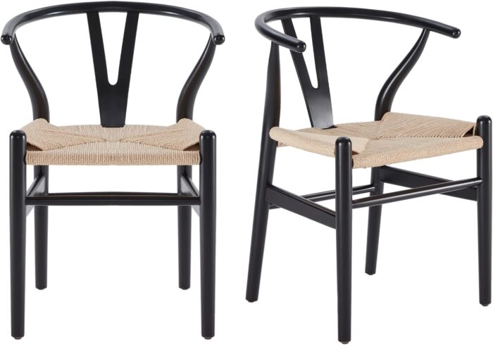 Farini Wishbone Chairs for Dining Room Solid Wood Rattan Chair Armchairs Y Shaped Backrest Hemp Seat for Home Restaurant Fully-Assembled(Set of 2,Black-Beige Seat)