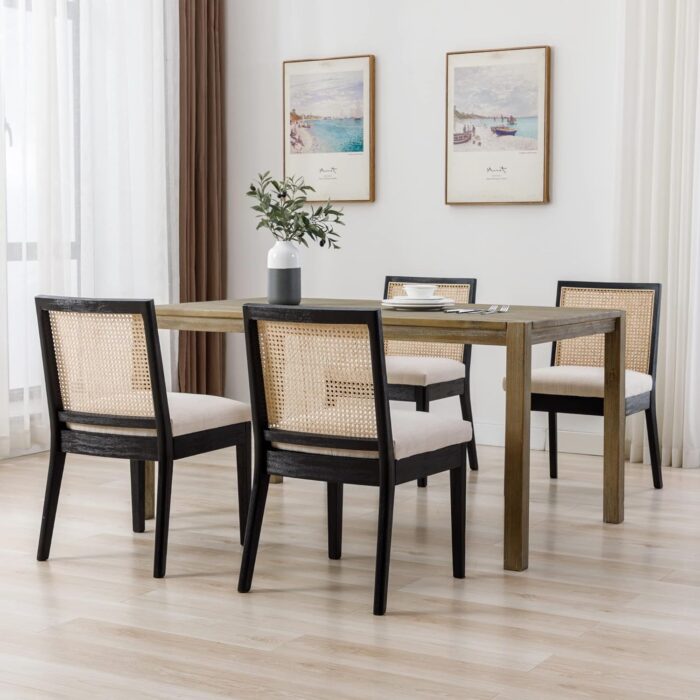 Farmhouse Rattan Dining Chairs Set of 4 Black Wood Dining Room Chairs Rectangle Cane Country Kitchen Chairs Upholstered Dining Chair for Dining Room, Cream Linen