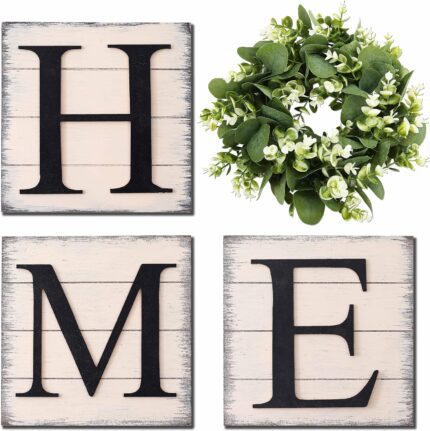 Farmhouse Wall Decor Room Decor Wood Home Sign with Artificial Eucalyptus for O, Rustic Hanging Wooden Sign with Letters Decorative Home Decor Clearance Living Room Decor