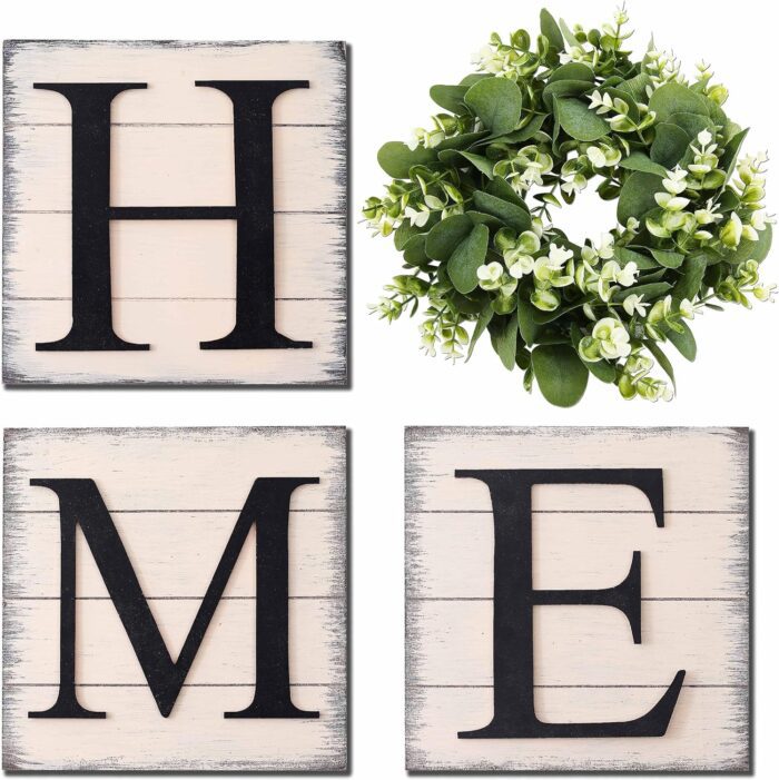 Farmhouse Wall Decor Room Decor Wood Home Sign with Artificial Eucalyptus for O, Rustic Hanging Wooden Sign with Letters Decorative Home Decor Clearance Living Room Decor