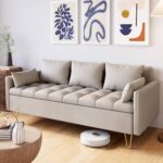 Faux Leather 3-Seater Sofa Couch, 44" Sofas with Hand Stitched Comfortable Cushion, Gold Metal Legs and Lift-Up Storage, Button Tufted Design Couches for Living Room, Apartment, Beige