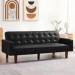 Faux Leather Futon Couch, Mid Century Modern Futon Sofa with Memory Foam, Convertible Futon Sofa Bed for Small Spaces, Living Room, Office, Black