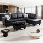 Faux Leather L-Shaped Sectional Sofa with Storage Ottoman & Right Chaise, Living Room Furniture Set with Tufted Backrest and Solid Wood Legs, Upholstered Couch for Apartment, Office, Black