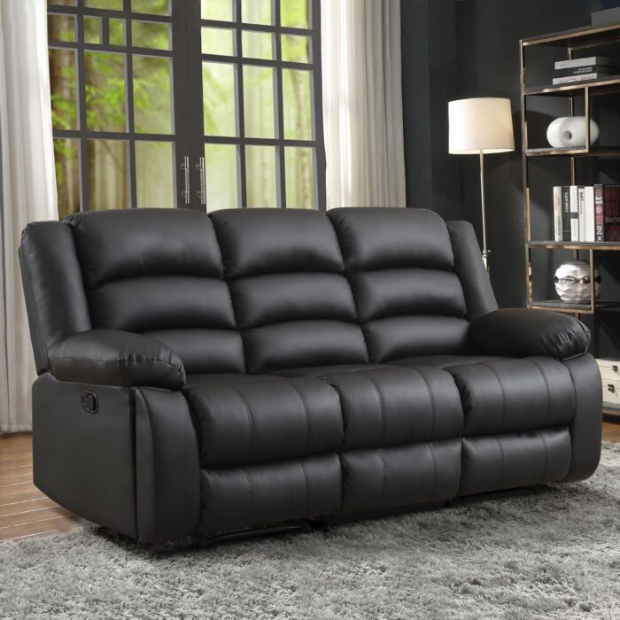 Faux Leather Manual Reclining Sofa with 2 Concealed Cup Holders,Overstuffed Armrest 3 Seat Recliner Sofa, Couch for Living Room, Bedroom, Meeting Room, Black, Sofa