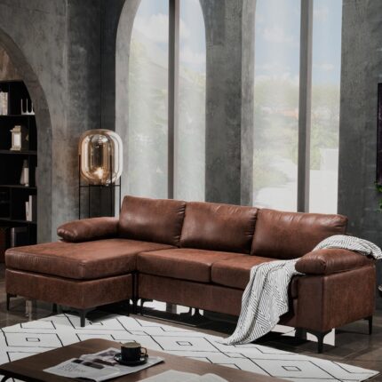 Faux Suede Leather L Shaped Couch,100" Sectional Sofa with Left Facing Chaise,Modern Comfy Deep Seat Couch for Living Room Office Small Space,Chocolate Dark Brown