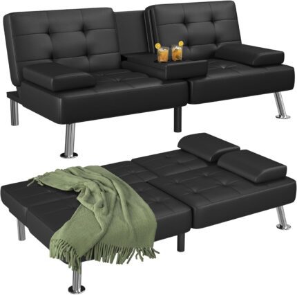 Flamaker Futon Sofa Bed Modern Folding Futon Set Faux Leather Convertible Recliner Lounge for Living Room with 2 Cup Holders, Removable Armrests (Faux Leather, Black)