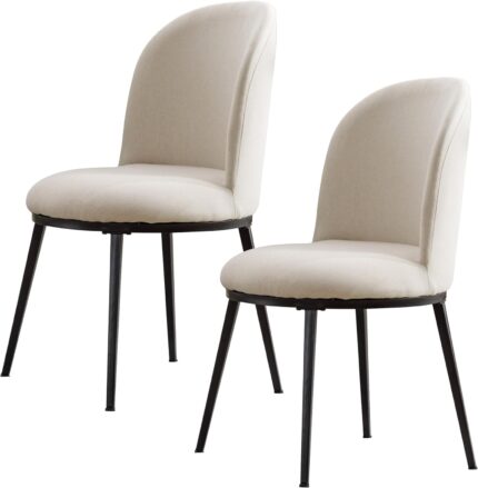 Forevich Dining Chairs Mid-Century Modern Upholstered Round Fabric Kitchen Dining Room Chair with Black Metal Legs for Living Room Set of 2 Beige