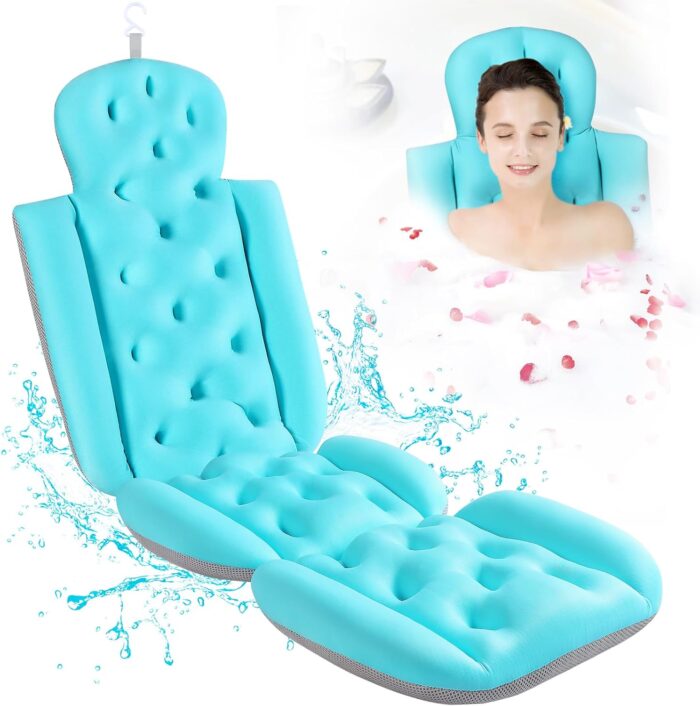 Full Body Bath Pillow for Bathtub, Bath Pillows for Tub with Mesh Laundry Bag & Non-Slip Suction Cups, 3D Air Mesh & Quick Drying Ocean Blue