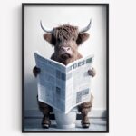 Funny Highland Cow Wall Art Canvas in Bathroom Picture, Humor Animals Bathroom Artwork Prints, Rustic Farmhouse Styles Wall Decor for Living Room, Bathroom, Bedroom, Kids Bathroom Decor (12x18inch,