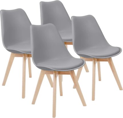 Furmax Mid Century Modern DSW Dining Chair Upholstered Side Chair with Beech Wood Legs and Soft Padded Shell Tulip Chair for Dining Room Living Room Bedroom Kitchen Set of 4 (Gray)