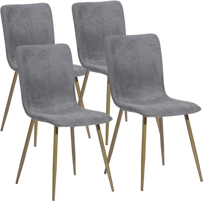 FurnitureR Modern Style Dining Chairs Set of 4, Comfy Side Chair with Fabric Seat Sturdy Metal Gold Legs for Kitchen Living Room Bedroom, Grey