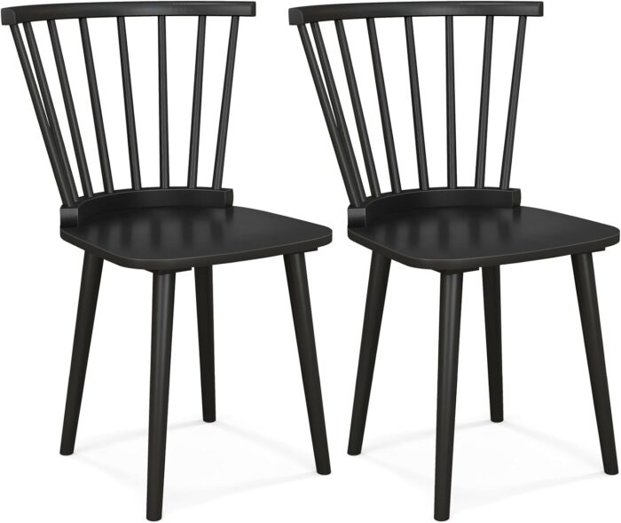 GOFLAME Windsor Dining Chairs Set of 2, Solid Wood Kitchen Chairs with Ergonomic Spindle Back, 400 LBS Weight Capacity, Farmhouse Armless Side Chairs for Dining Room, Living Room, Black