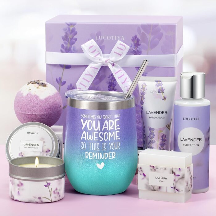 Gifts for Women, Bath and Body Works, Birthday Gifts for Women Spa Gifts Baskets for Women Bubble Bath for Women Lavender Gifts for Mom Her Female Sister Mother Teacher Wine Tumbler Purple Gifts