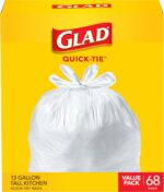 Glad Trash Bags, Tall Kitchen Quick-Tie Garbage Bags, 13 Gallon, White, 68 Count, Pack May Vary