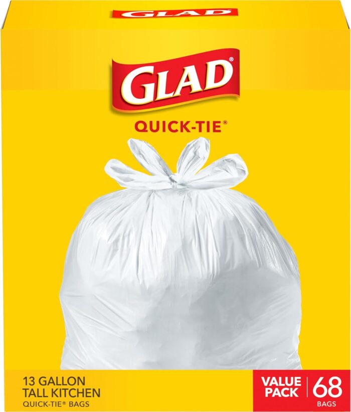 Glad Trash Bags, Tall Kitchen Quick-Tie Garbage Bags, 13 Gallon, White, 68 Count, Pack May Vary