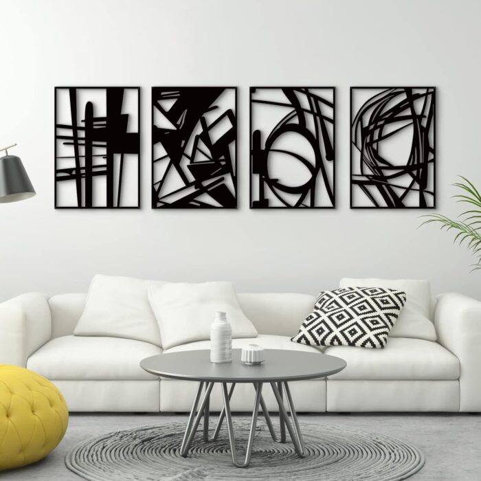 Glamativity 4 Pack Black Abstract Metal Wall Art, Minimalist Décor Single Line Art Décor, 3D Textured Sculptures, for Living Room Bedroom Bathroom Study (Black, M Size 16 x 11'')