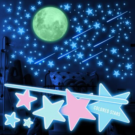 Glow in The Dark Stars and Moon for Ceiling, Luminous Stars and Moon Wall Decal, Wall Decor,Sticky Fluorescence Stars,Gift for boy and Girl Perfect for Kids Nursery Bedroom Living Room(Colorful)