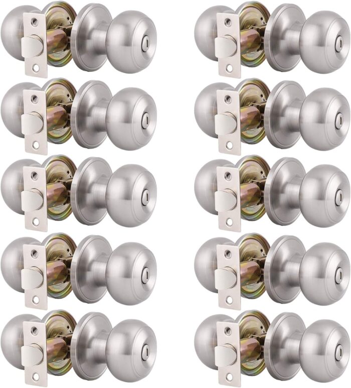 Gobrico 10 Pack Round Door Knobs Bed and Bath Handles Levers,Keyless Interior Privacy Door Locks Locksets,Satin Nickel Finished,Universal for Right Left-Handed Doors