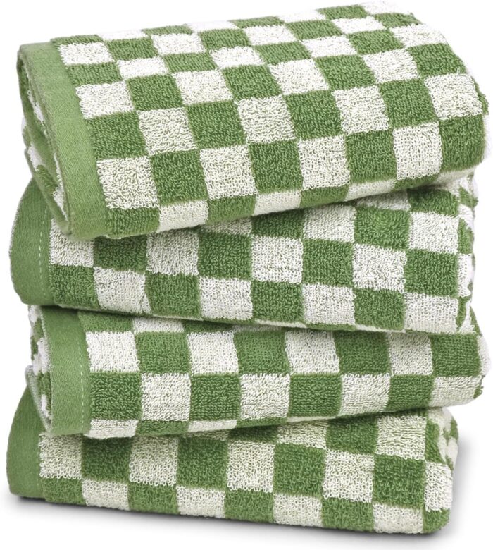 Green Hand Towels for Bathroom Set of 4 - Cute Checkered Hand Towel for Kitchen Home Decor, Lightweight Bathroom Towels for Bath Face Body