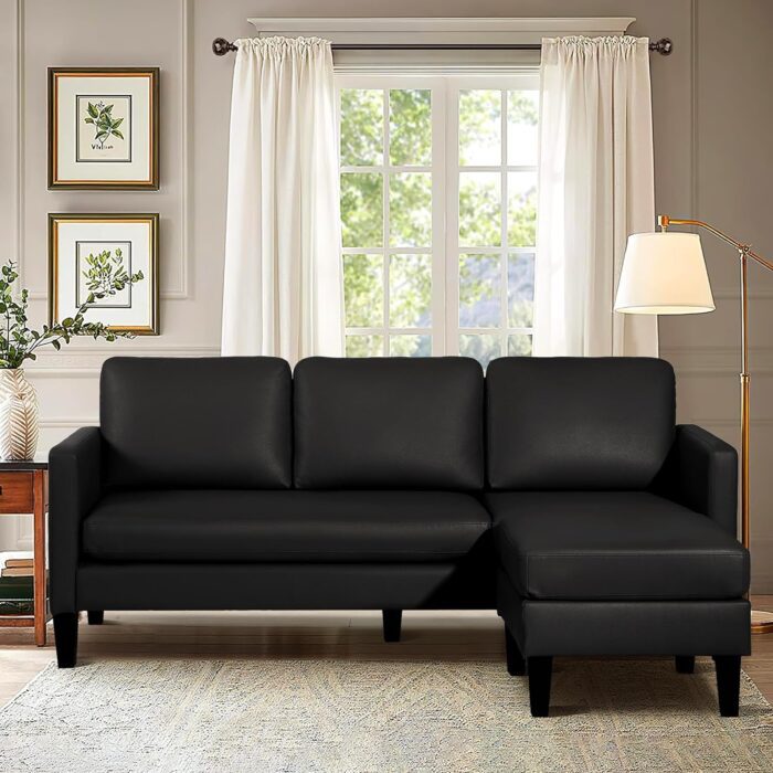 Grepatio Faux Leather Sectional Sofa Couch with Reversible Chaise L Shaped Couch Sofa Set 3 Seater Convertible Couch for Living Room Smal Spaces,Apartment(Black)