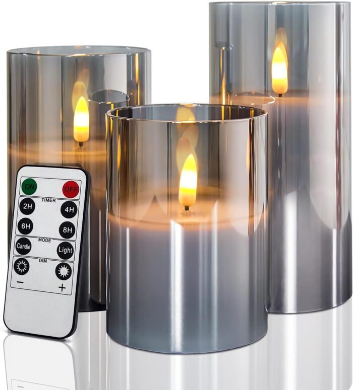 Grey Glass Flameless Candles with Remote Control and Timer,Battery Operated Flickering LED Pillar Candles Real Wax Wick Φ 3" H 4" 5" 6"