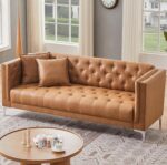 HIFIT 79'' Modern Sofa Couch for Living Room, 3 Seater Sofa with Deep Seats and 2 Pillows, Handmade Button Tufted Leather Couch for Apartment | Office 79''W x 30''D x 30''H, Brown