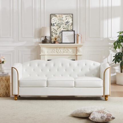 HITHOS 78" Leather Sofa Couch, Soft 3 Seater Sofa Couches for Living Room, Button Tufted Comfy Couch Modern Sofa with Upholstered Cushion, Gold Trim, Solid Wood Legs for Dorm Bedroom Apartment, White