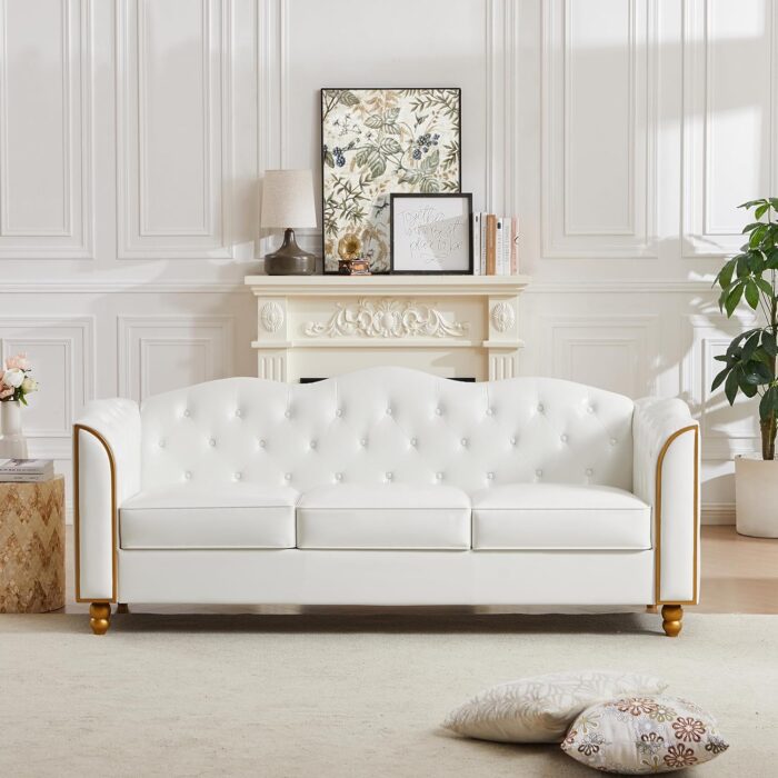 HITHOS 78" Leather Sofa Couch, Soft 3 Seater Sofa Couches for Living Room, Button Tufted Comfy Couch Modern Sofa with Upholstered Cushion, Gold Trim, Solid Wood Legs for Dorm Bedroom Apartment, White