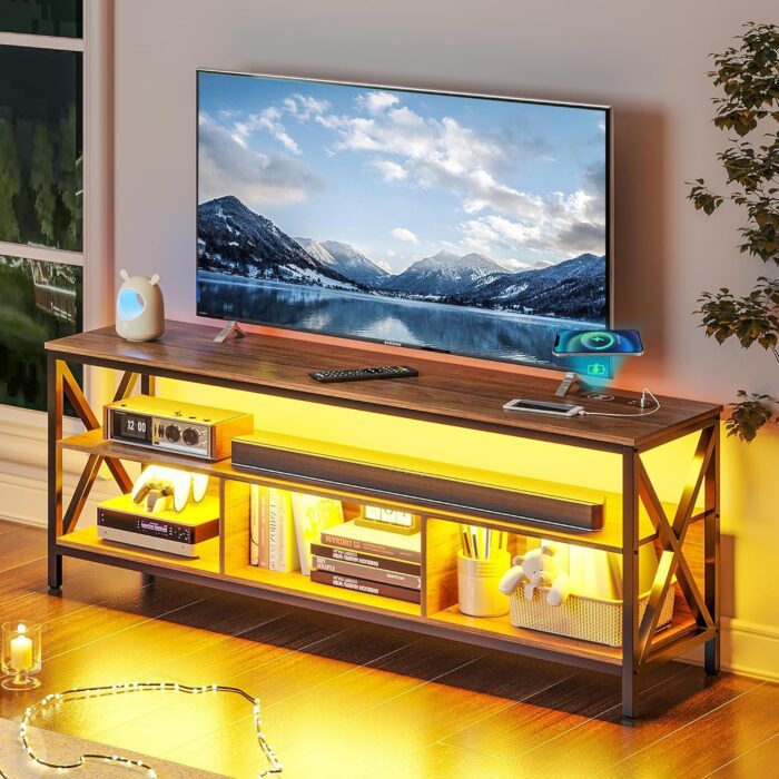 HNEBC LED TV Stand for Living Room, Modern Television Stands with Charging Station, Smart Entertainment Center with Motion Sensor Lights, 3Color/Adjustable Brightness (Brown)