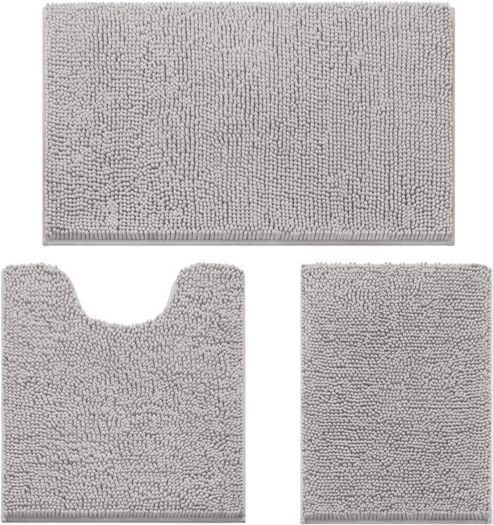 HOMEIDEAS 3 Pieces Bathroom Rugs, Ultra Soft Non Slip Absorbent Chenille Toilet Bath Mat Set (Light Grey)