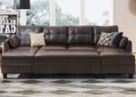 HONBAY Faux Leather Sectional Sleeper Sofa with Storage Ottoman Reversible Couch 4-Seater Sectional Sofa Bed for Living Room,Brown Faux Leather