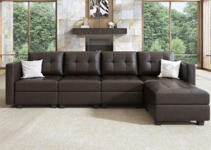 HONBAY L Shaped Modular Sectional Sofa with Storage Faux Leather Sectional Couch with Chaise for Living Room, Brown