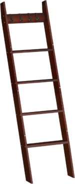 HOOBRO Blanket Ladder for Living Room and Bedroom, 5-Tier Wall Leaning Towel Rack for Bathroom, Decorative Ladder Shelf with 4 Removable Hooks, Farmhouse Blanket Storage, Brown BR51CJ01G1