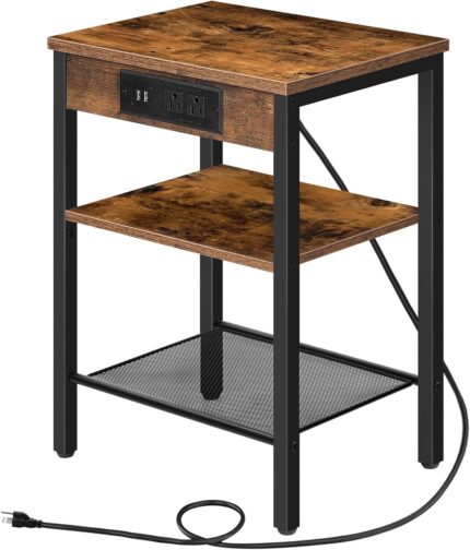 HOOBRO End Table with Charging Station and USB Ports, 3-Tier Nightstand with Adjustable Shelf, Narrow Side Table for Small Space in Living Room, Bedroom and Balcony, Rustic Brown BF112BZ01