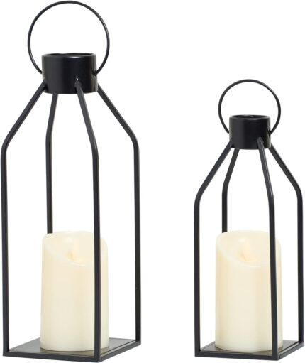 HPC Decor Modern Farmhouse Lantern Decor- Black Metal Candle Lanterns for Christmas- Lanterns Decorative w/Timer Flickering Candles for Living Room,Home,Indoor, Outdoor,Table,Fireplace Mantle Decor