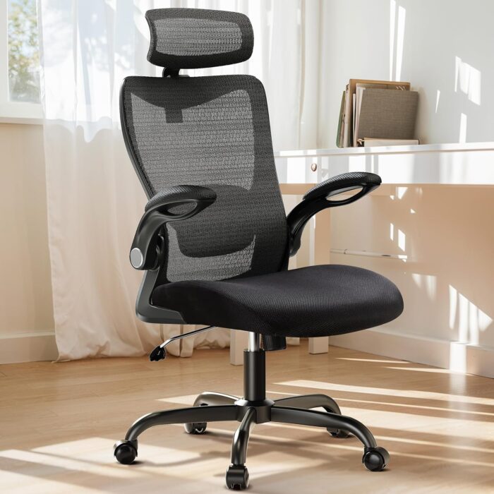 HUANUO Ergonomic Office Chair, High Back Desk Chair with Adjustable Lumbar Support & Headrest, Home Office Swivel Mesh Computer Chair Flip-Up Armrests, Executive Office Chair with Wheels