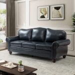 HULALA HOME 81'' Upholstered Leather Sofa with Removable Cushion, Mid-Century Modern Living Room 3-Seater Couch, Full Grain Leather Couch with Nailhead Trim and Rolled Arm for Bedroom Apartment, Navy