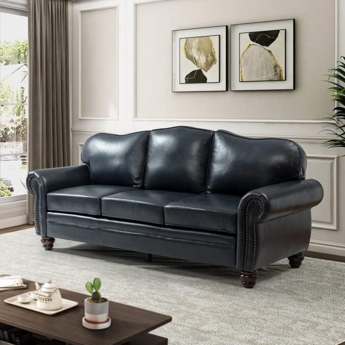 HULALA HOME 81'' Upholstered Leather Sofa with Removable Cushion, Mid-Century Modern Living Room 3-Seater Couch, Full Grain Leather Couch with Nailhead Trim and Rolled Arm for Bedroom Apartment, Navy