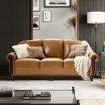 HULALA HOME Genuine Leather Sofa 3-Seater Couch Traditional Living Room Sofa with Carved Solid Wood Legs, Camel