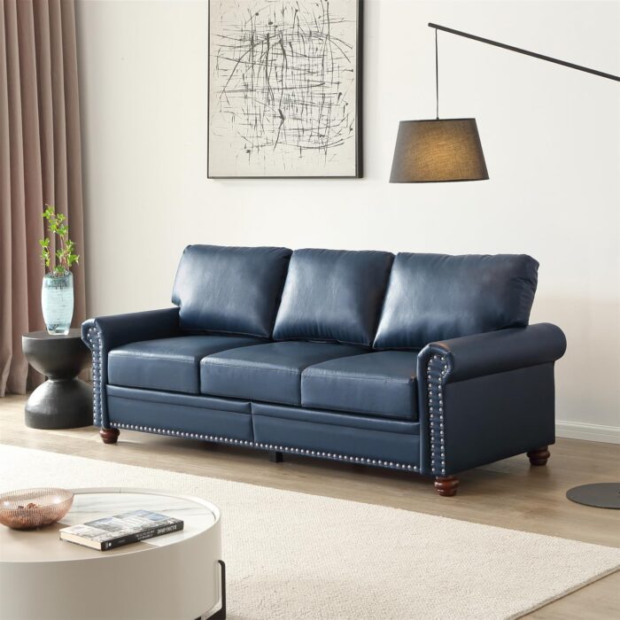 Harper & Bright Designs Faux Leather 3-Seat Couch with Hidden Storage Under Seat, Nailhead Trim, Solid Wood Legs, Classical Sofa for Living Room, Office, Apartment, Navy Blue