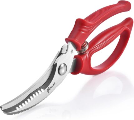 Heavy Duty Poultry Shears - Kitchen Scissors for Cutting Chicken, Poultry, Game, Meat - Chopping Vegetable - Spring Loaded - Red