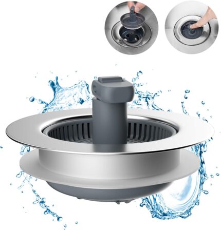 Hibbent 3 in 1 Kitchen Sink Drain Strainer and Stopper Combo, Chrome Stainless Steel Wraped Shell, Anti-Clogging Basket Strainer with Foldable Handle for US Standard 3-1/2" Drain