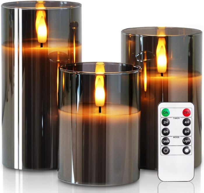 Homemory Grey Glass Flameless Candles, Battery Operated LED Pillar Candles with Remote Control and Timer, Radiance Candles, Real Wax, Set of 3,D3 xH4 5" 6"