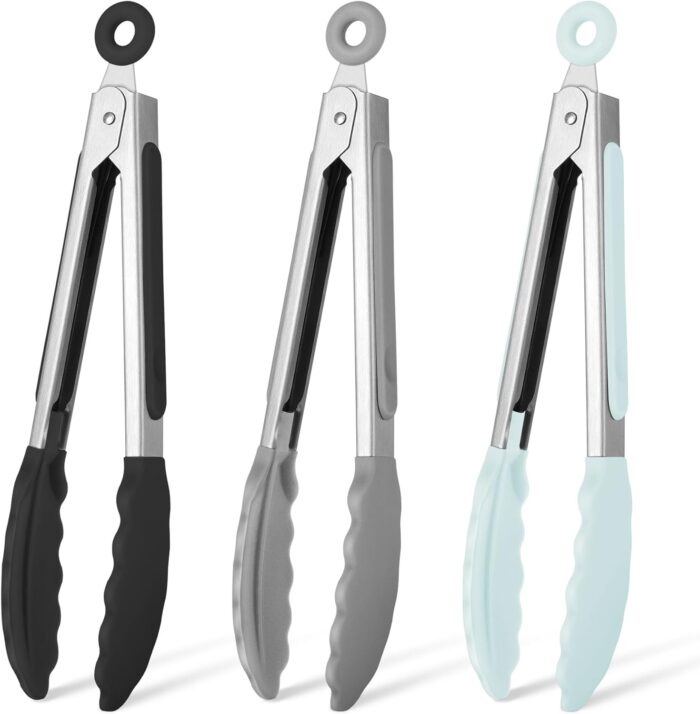 Hotec Mini Silicone Kitchen Tongs for Cooking - 7-Inch Small Serving Tongs with Silicone Tips, Set of 3 (Black,Grey,Light Blue)