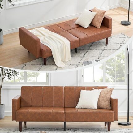 IDEALHOUSE Convertible Sofa Bed, Adjustable Couch Sleeper Modern Faux Leather, Memory Foam Loveseat Sofa Bed, Couches for Living Room, Bedroom