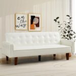 IULULU Futon Sofa Bed, Modern Convertible Faux Leather Sleeper Couch with Armrests for Studio, Office, Apartment, Compact Living, Game Room, Overnight Guests, Retro White