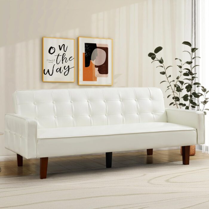 IULULU Futon Sofa Bed, Modern Convertible Faux Leather Sleeper Couch with Armrests for Studio, Office, Apartment, Compact Living, Game Room, Overnight Guests, Retro White